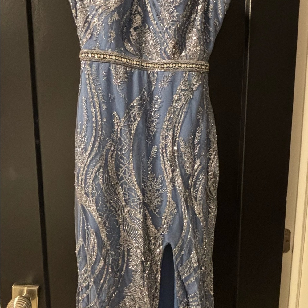 Dave & Johnny Blue Sequin Sweetheart Sheath Prom Dress